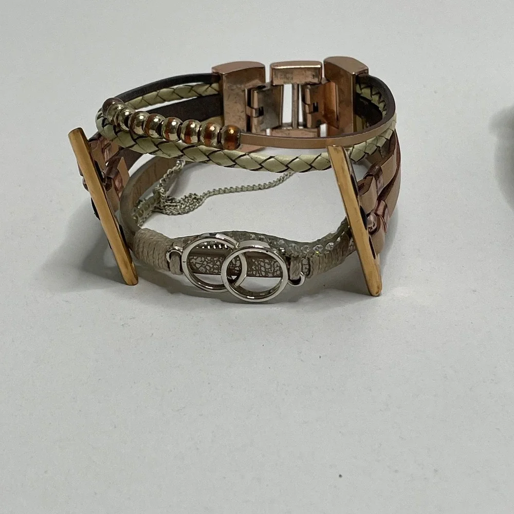 Set of 2 Boho Multi-Strand Leather Apple Watch Bands Rose Gold and Silver